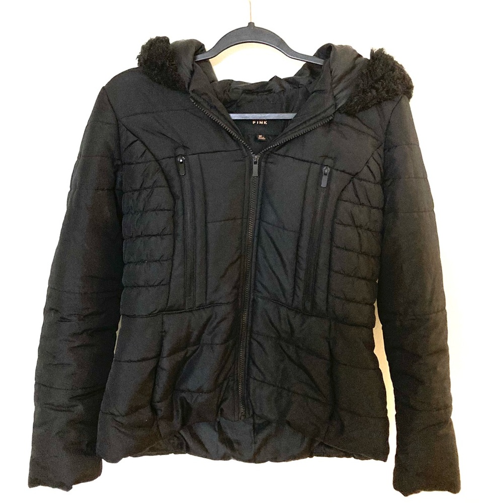 Celebrity Pink Juniors M Black Puffer Coat w cinched waist & faux fur ho…